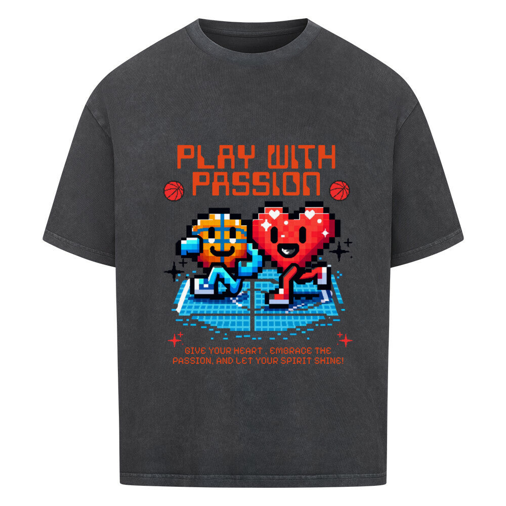 Oversized Basketball T-Shirt Play With Passion Washed Schwarz 100% Baumwolle