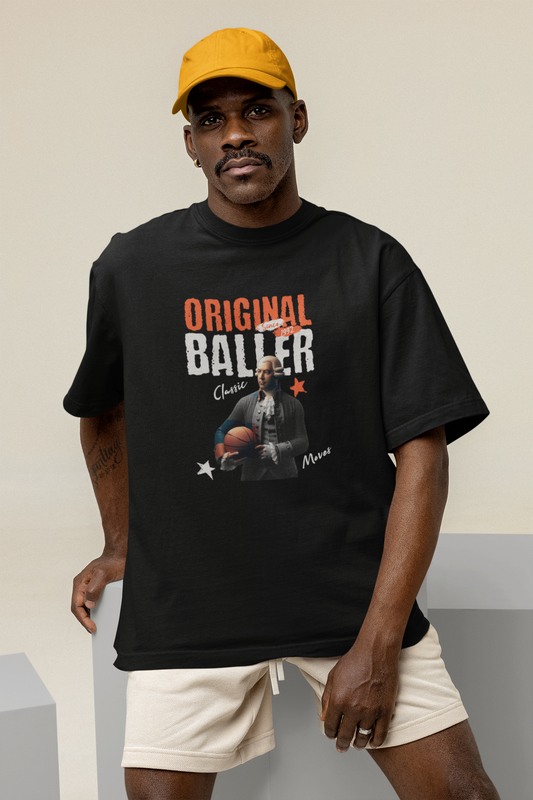 Oversized Basketball T-Shirt Schwarz mockup männlich model Original Baller 100% Baumwolle Humor oldtimer classic moves