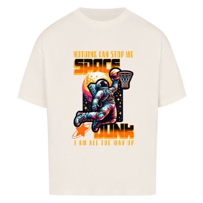 Naturl Raw Oversized T-Shirt mit buntem Retro-Print eines Astronauten, der einen „Space Dunk“ (Basketball) vor einem Planeten macht. Mit dem orangefarbenen Slogan „NOTHING CAN STOP ME“ und „I AM ALL THE WAY UP“. 100% Premium Baumwolle