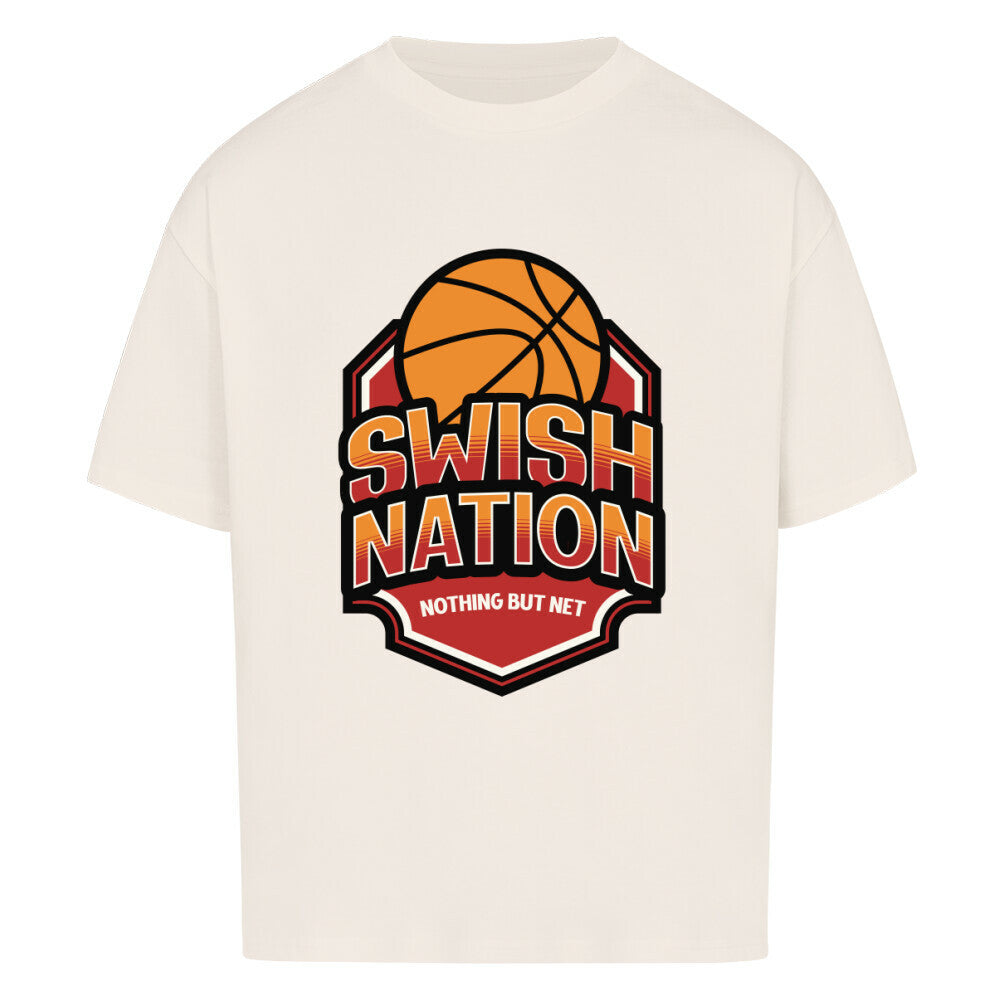 Natural Raw Oversized T-Shirt mit einem zentralen Print: Orangefarbener Basketball über dem Schriftzug „SWISH NATION“ und „NOTHING BUT NET“ in einem rot umrandeten Wappen-Design.