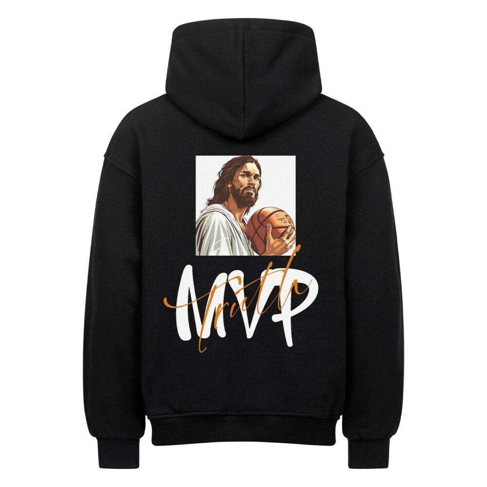 Rückansicht eines schwarzen Oversized-Hoodies mit Jesus-Print, der einen Basketball hält, über dem Schriftzug 'MVP' und 'Truth'. 80% Baumwolle 20% Polyester.