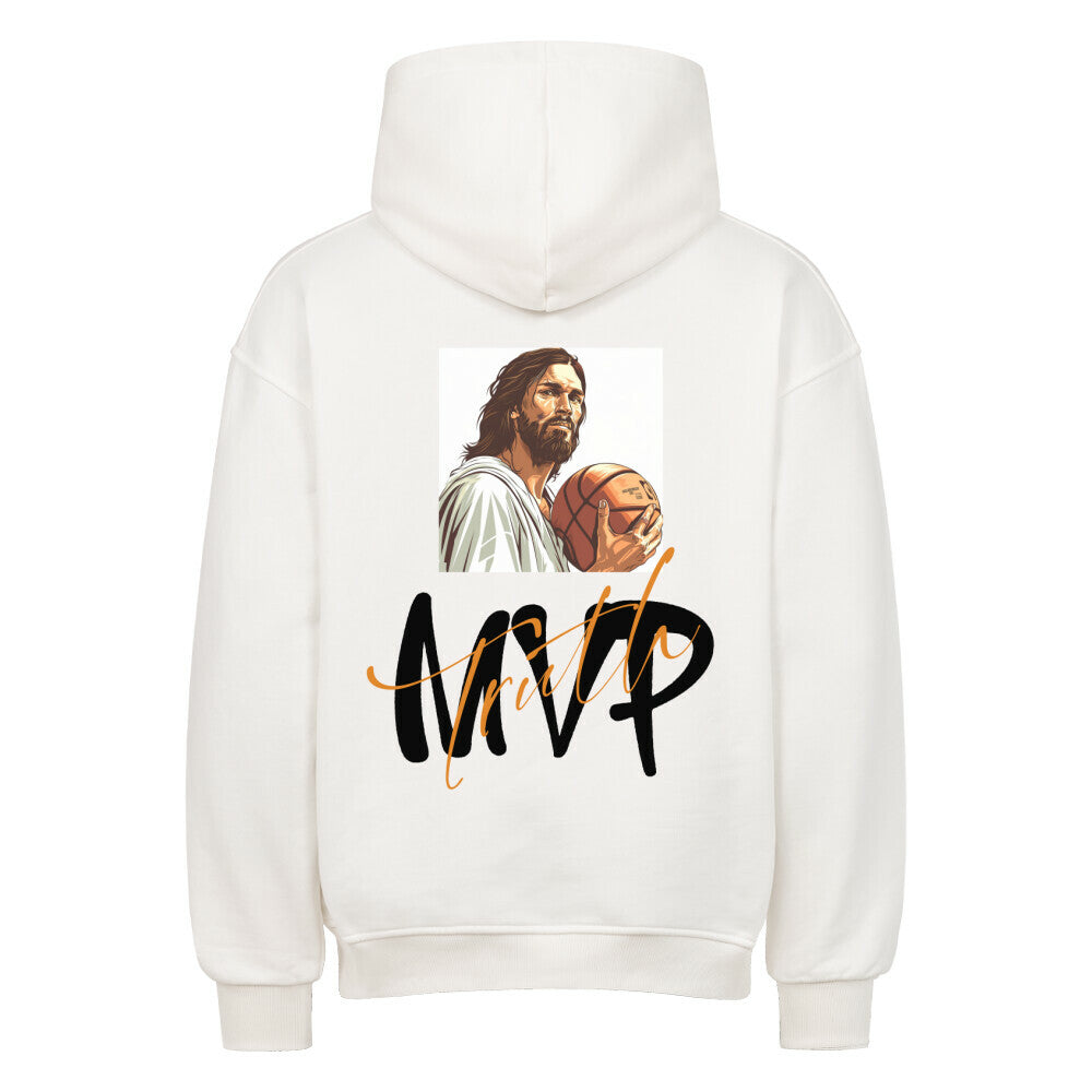 Rückansicht eines weißen Oversized-Hoodies mit Jesus-Print, der einen Basketball hält, über dem Schriftzug 'MVP' und 'Truth'. 80% Baumwolle 20% Polyester.