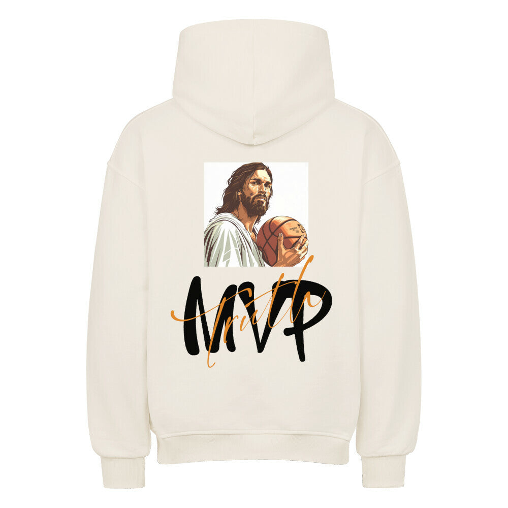Rückansicht eines natural raw Oversized-Hoodies mit Jesus-Print, der einen Basketball hält, über dem Schriftzug 'MVP' und 'Truth'. 80% Baumwolle 20% Polyester.