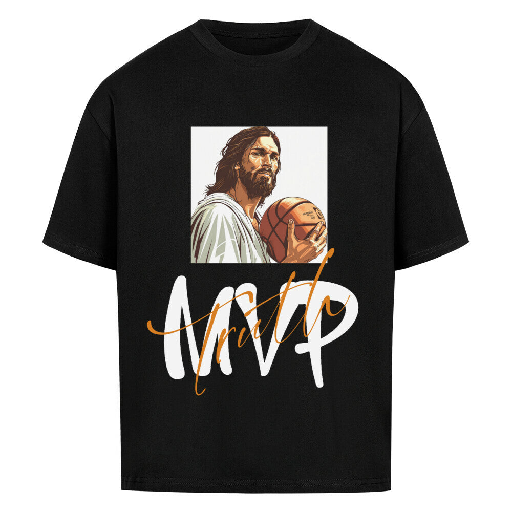 Schwarzes Oversized Basketball T-Shirt mit einem Print von Jesus, der einen Basketball hält, und dem stilisierten Schriftzug " MVP Truth" aus 100% Baumwolle