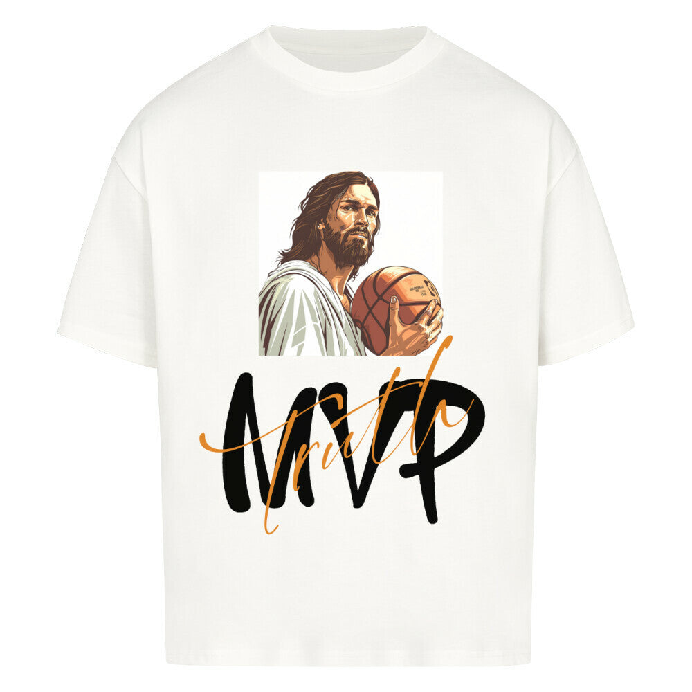 Weißes Oversized Basketball T-Shirt mit einem Print von Jesus, der einen Basketball hält, und dem stilisierten Schriftzug " MVP Truth" aus 100% Baumwolle