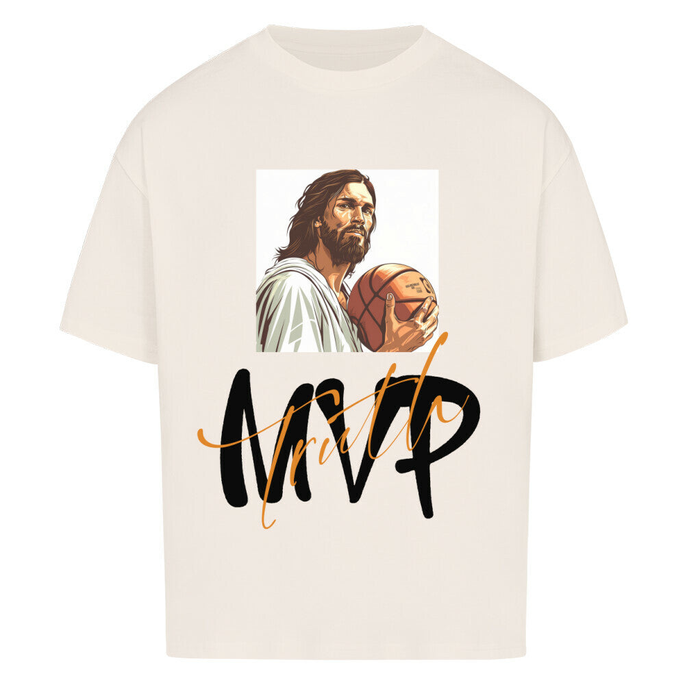 Natural Raw Oversized Basketball T-Shirt mit einem Print von Jesus, der einen Basketball hält, und dem stilisierten Schriftzug " MVP Truth" aus 100% Baumwolle