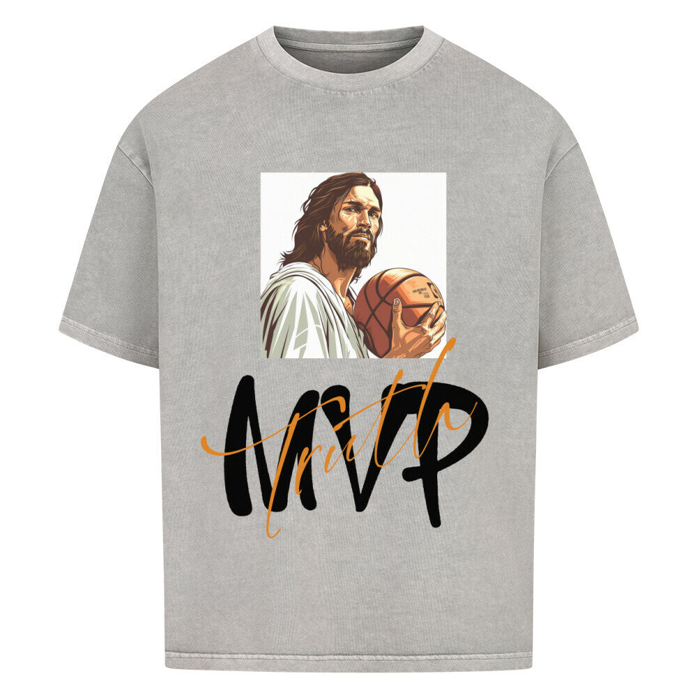 Washed Grey Oversized Basketball T-Shirt mit einem Print von Jesus, der einen Basketball hält, und dem stilisierten Schriftzug " MVP Truth" aus 100% Baumwolle