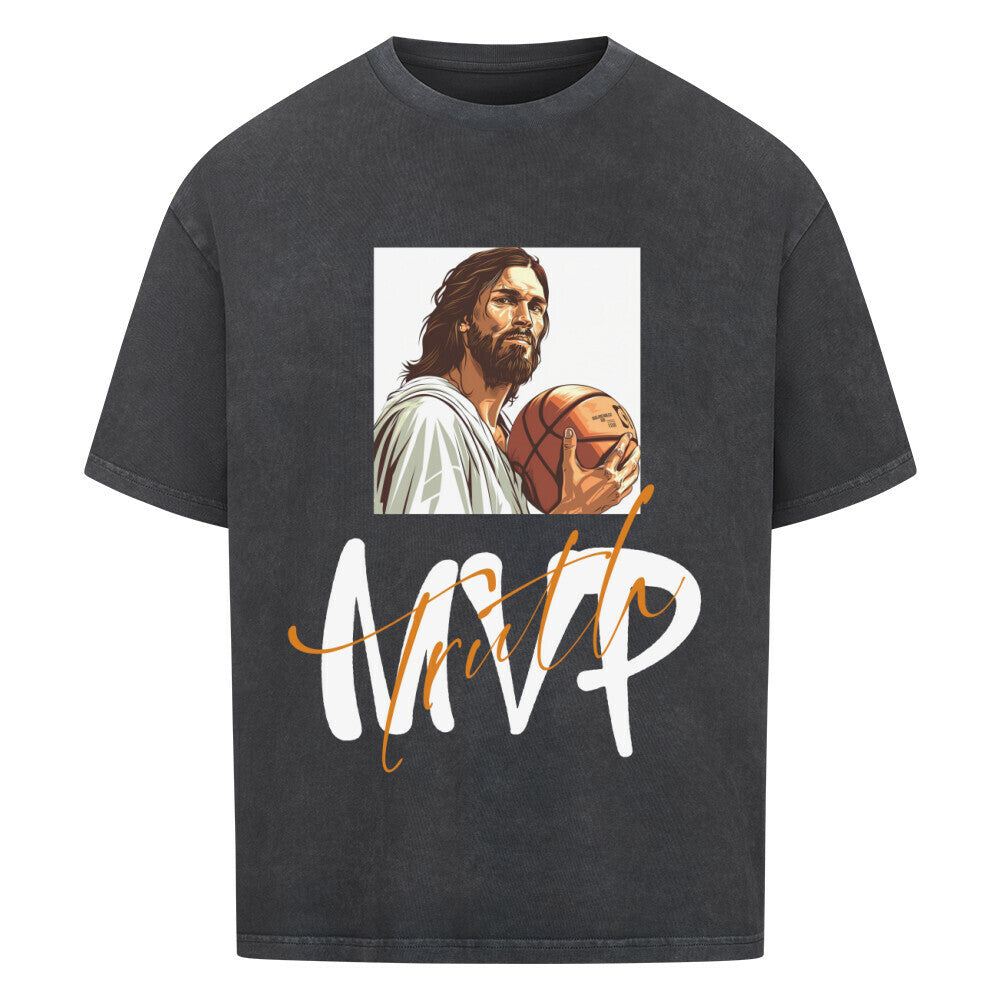 Washed Schwarzes Oversized Basketball T-Shirt mit einem Print von Jesus, der einen Basketball hält, und dem stilisierten Schriftzug " MVP Truth" aus 100% Baumwolle