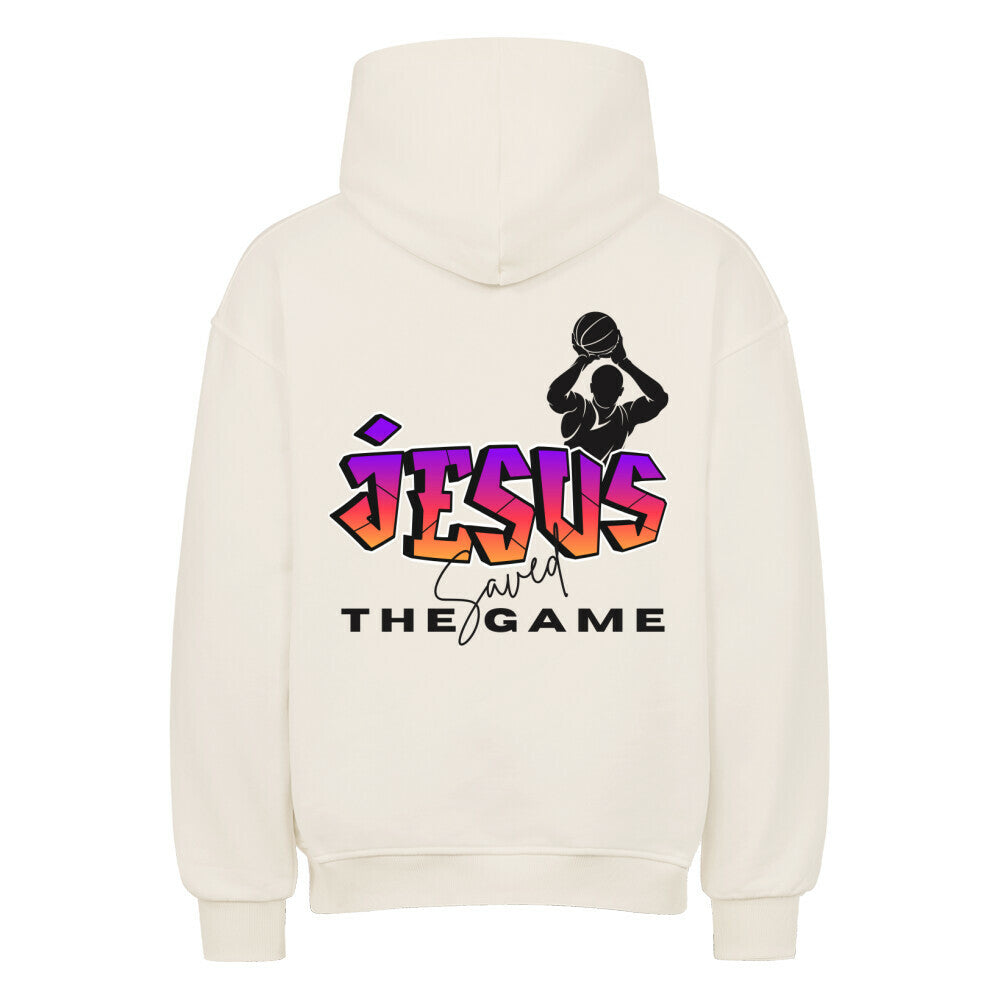 Rückansicht eines cremefarbenen Oversized-Hoodies mit 'Jesus Saved The Game' Print, einer Basketball-Spieler-Silhouette und 'JESUS' Schriftzug im Graffiti-Stil. 80% Baumwolle 20% Polyester.