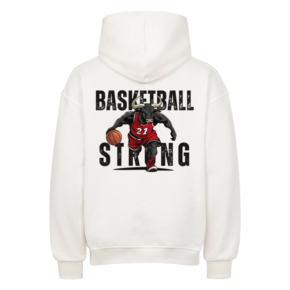 Rückansicht eines weißen Oversized-Hoodies mit 'Basketball Strong' Print, der einen Minotaurus im roten Trikot #21 beim Dribbling zeigt. Premium Baumwolle.
