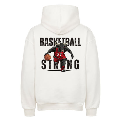 Rückansicht eines weißen Oversized-Hoodies mit 'Basketball Strong' Print, der einen Minotaurus im roten Trikot #21 beim Dribbling zeigt. Premium Baumwolle.