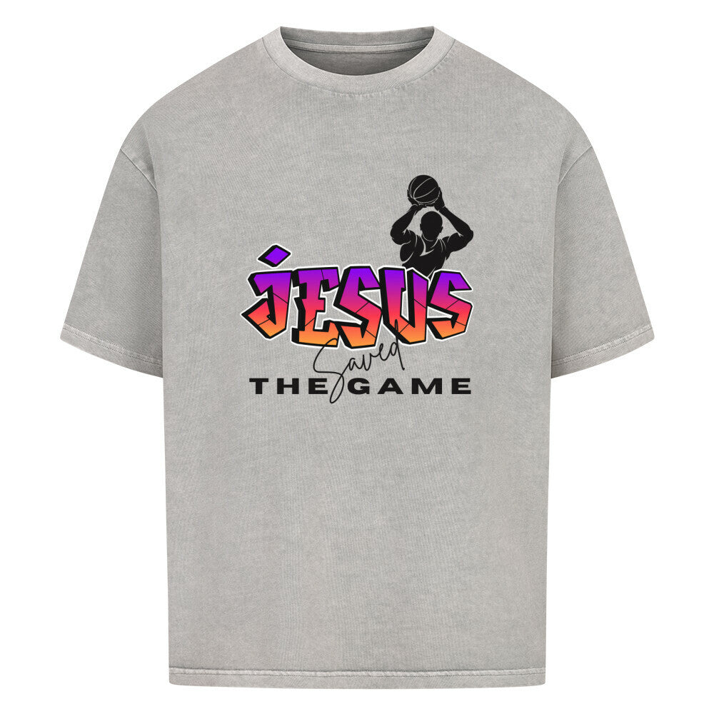 Oversized Basketball T-Shirt Jesus saved the Game Washed Grau 100% Baumwolle