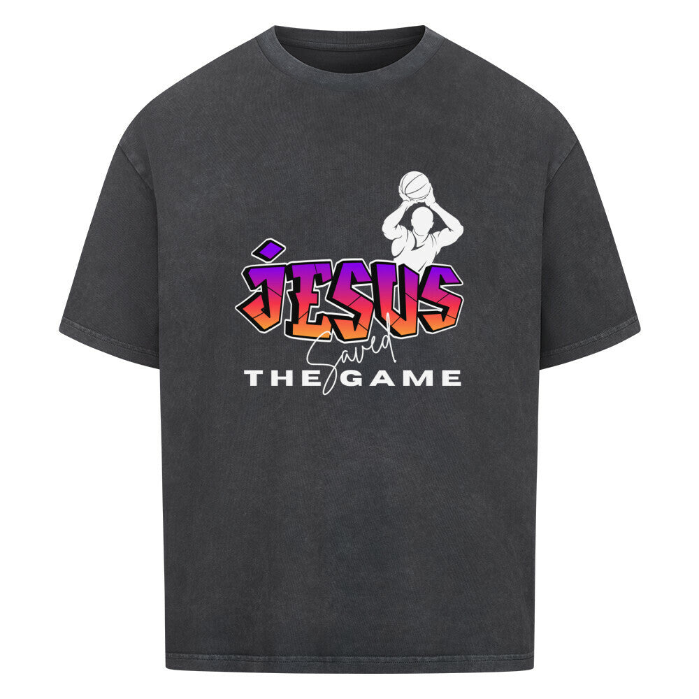 Oversized Basketball T-Shirt Jesus saved the Game Washed Schwarz 100% Baumwolle