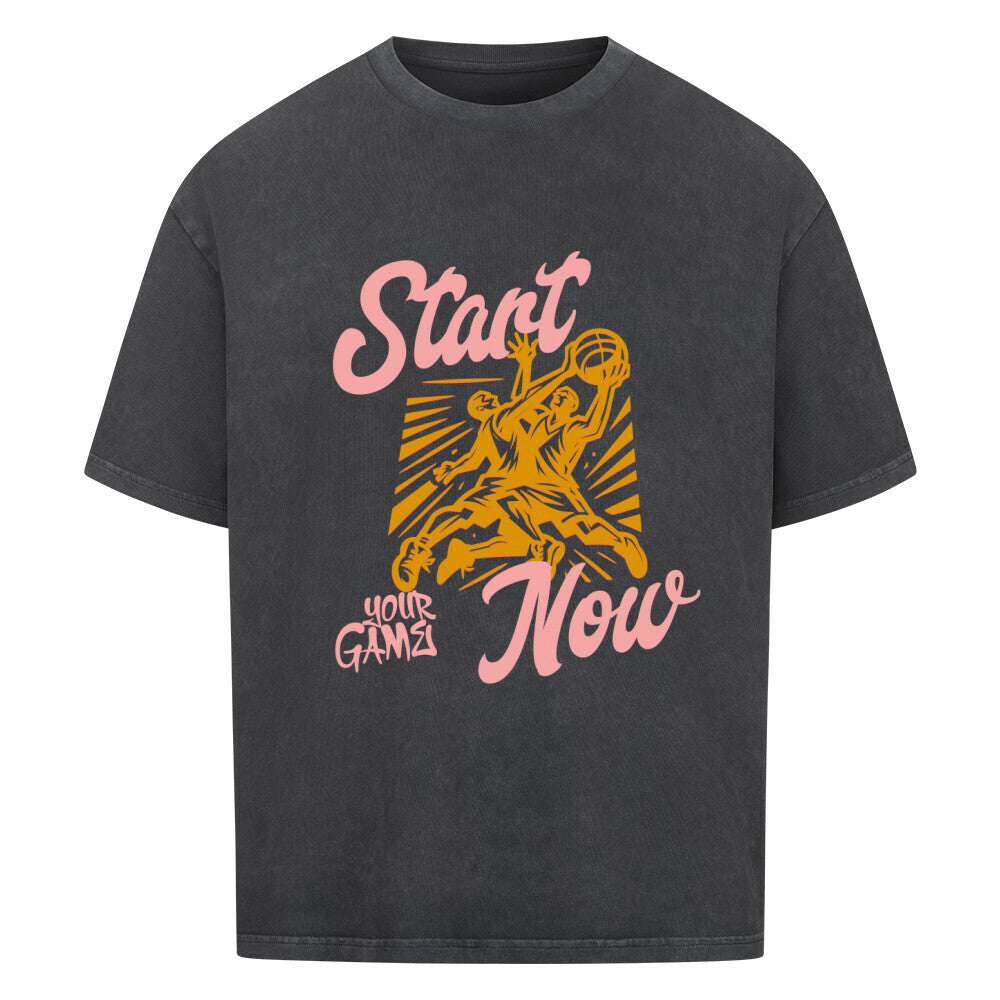 Oversized Basketball T-Shirt Start Your Game Now Washed Schwarz 100% Premium Baumwolle 240 GSM