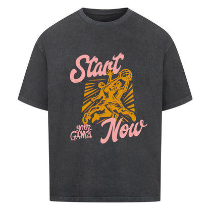 Oversized Basketball T-Shirt Start Your Game Now Washed Schwarz 100% Premium Baumwolle 240 GSM