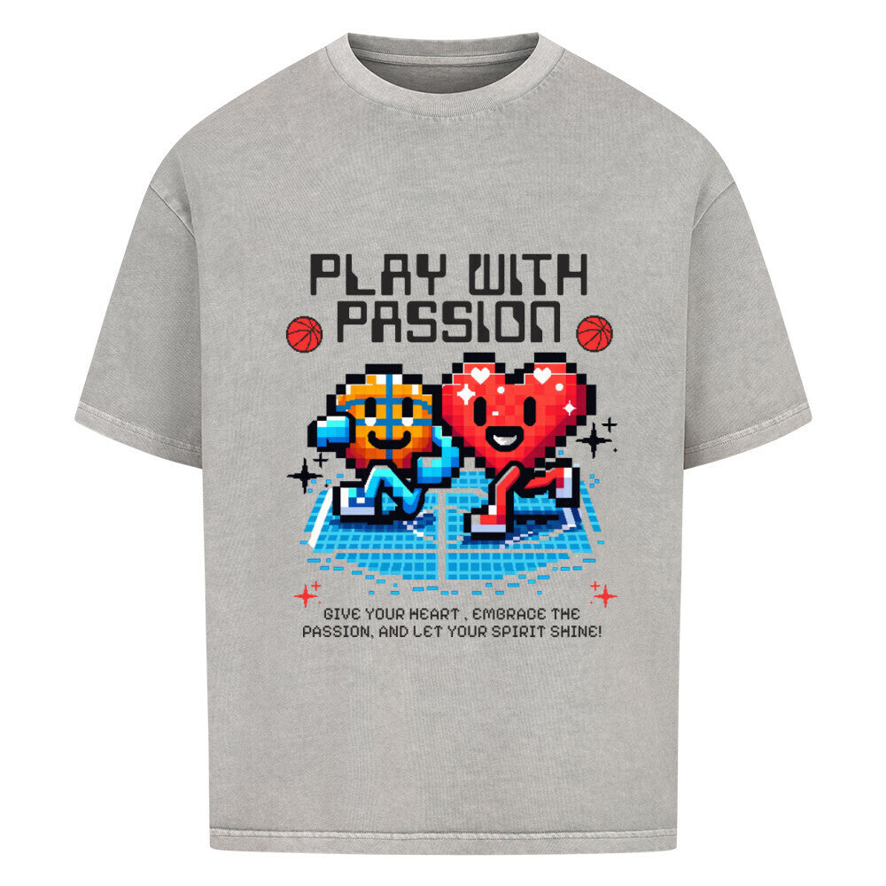 Oversized Basketball T-Shirt Play With Passion Washed Grau 100% Baumwolle