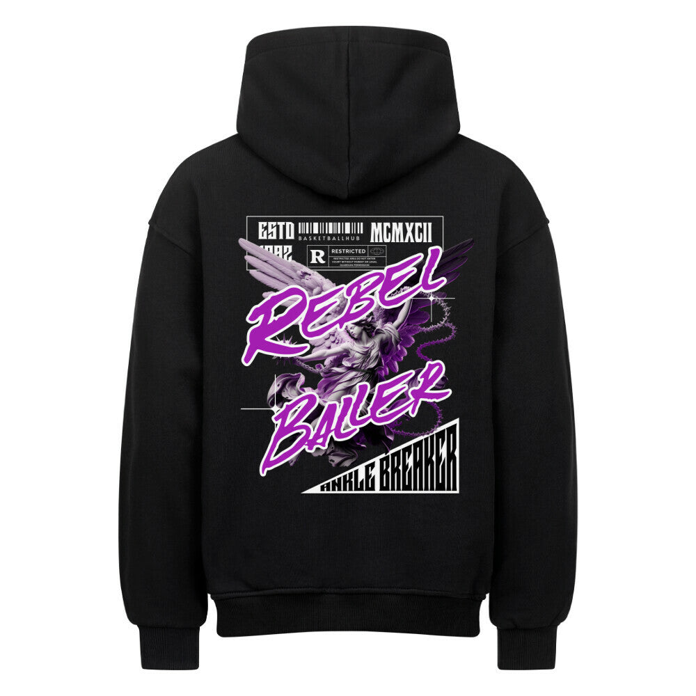 Rückansicht eines schwarzen Oversized-Hoodies mit großem 'Rebel Baller' Print in Lila und Weiß, der eine Engelsstatue und den Schriftzug 'Ankle Breaker' zeigt. 80% Baumwolle 20% Polyster. 