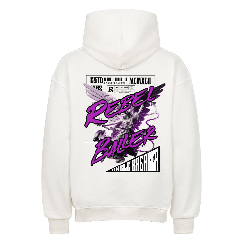 Rückansicht eines Weißen Oversized-Hoodies mit großem 'Rebel Baller' Print in Lila und Weiß, der eine Engelsstatue und den Schriftzug 'Ankle Breaker' zeigt. 80% Baumwolle 20% Polyster. 