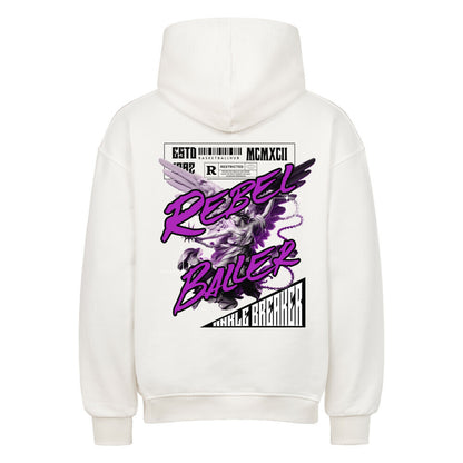Rückansicht eines Weißen Oversized-Hoodies mit großem 'Rebel Baller' Print in Lila und Weiß, der eine Engelsstatue und den Schriftzug 'Ankle Breaker' zeigt. 80% Baumwolle 20% Polyster. 