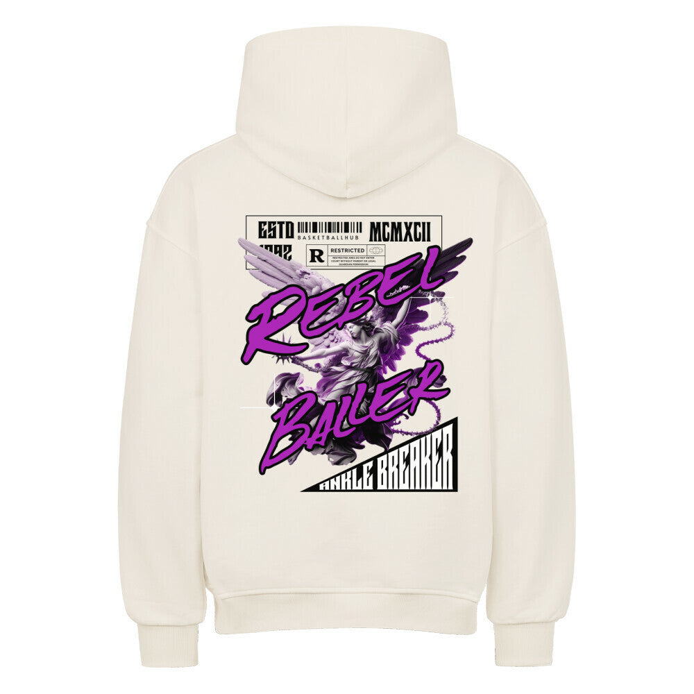 Rückansicht eines Natural Raw Oversized-Hoodies mit großem 'Rebel Baller' Print in Lila und Weiß, der eine Engelsstatue und den Schriftzug 'Ankle Breaker' zeigt. 80% Baumwolle 20% Polyster.