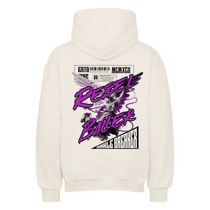 Rückansicht eines Natural Raw Oversized-Hoodies mit großem 'Rebel Baller' Print in Lila und Weiß, der eine Engelsstatue und den Schriftzug 'Ankle Breaker' zeigt. 80% Baumwolle 20% Polyster.