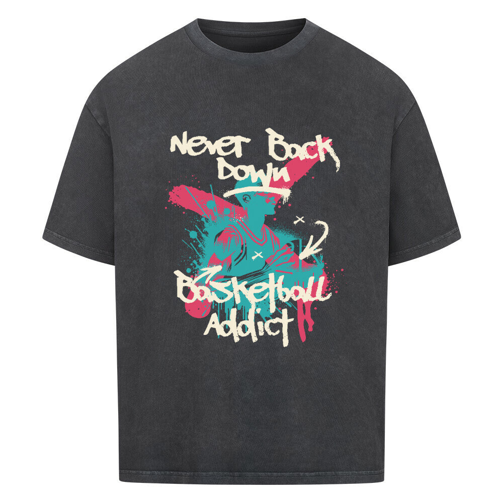 Oversized Basketball T-Shirt never back down washed black 100% Premium Baumwolle 
