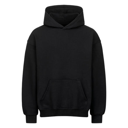 Vorderansicht eines Schwarzen Oversized-Hoodies mit 'Harakiri Basketball Spirit' Print auf dem Rücken, der ein Samurai-Skelett mit Katana und Kirschblüten zeigt. 80% Baumwolle und 20% Polyester. 380 GMS.