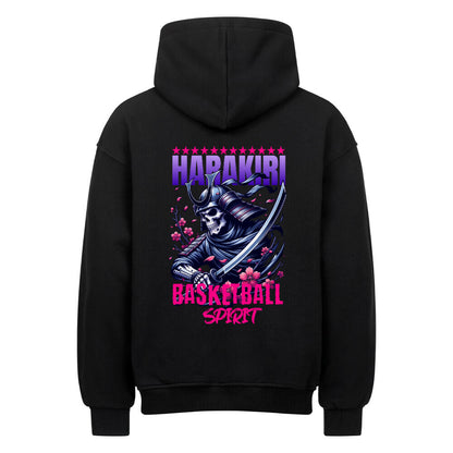 Rückansicht eines Schwarzen Oversized-Hoodies mit 'Harakiri Basketball Spirit' Print, der ein Samurai-Skelett mit Katana und Kirschblüten zeigt. 80% Baumwolle und 20% Polyester. 380 GMS.