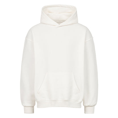 Vorderansicht eines cremefarbenen Oversized-Hoodies mit 'Harakiri Basketball Spirit' Print auf dem Rücken, der ein Samurai-Skelett mit Katana und Kirschblüten zeigt. 80% Baumwolle und 20% Polyester. 380 GMS.