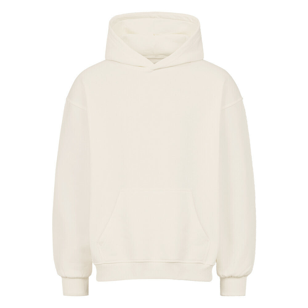Vorderansicht eines cremefarbenen Oversized-Hoodies mit 'Harakiri Basketball Spirit' Print auf dem Rücken, der ein Samurai-Skelett mit Katana und Kirschblüten zeigt. 80% Baumwolle und 20% Polyester. 380 GMS.