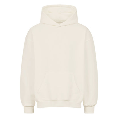 Vorderansicht eines cremefarbenen Oversized-Hoodies mit 'Harakiri Basketball Spirit' Print auf dem Rücken, der ein Samurai-Skelett mit Katana und Kirschblüten zeigt. 80% Baumwolle und 20% Polyester. 380 GMS.