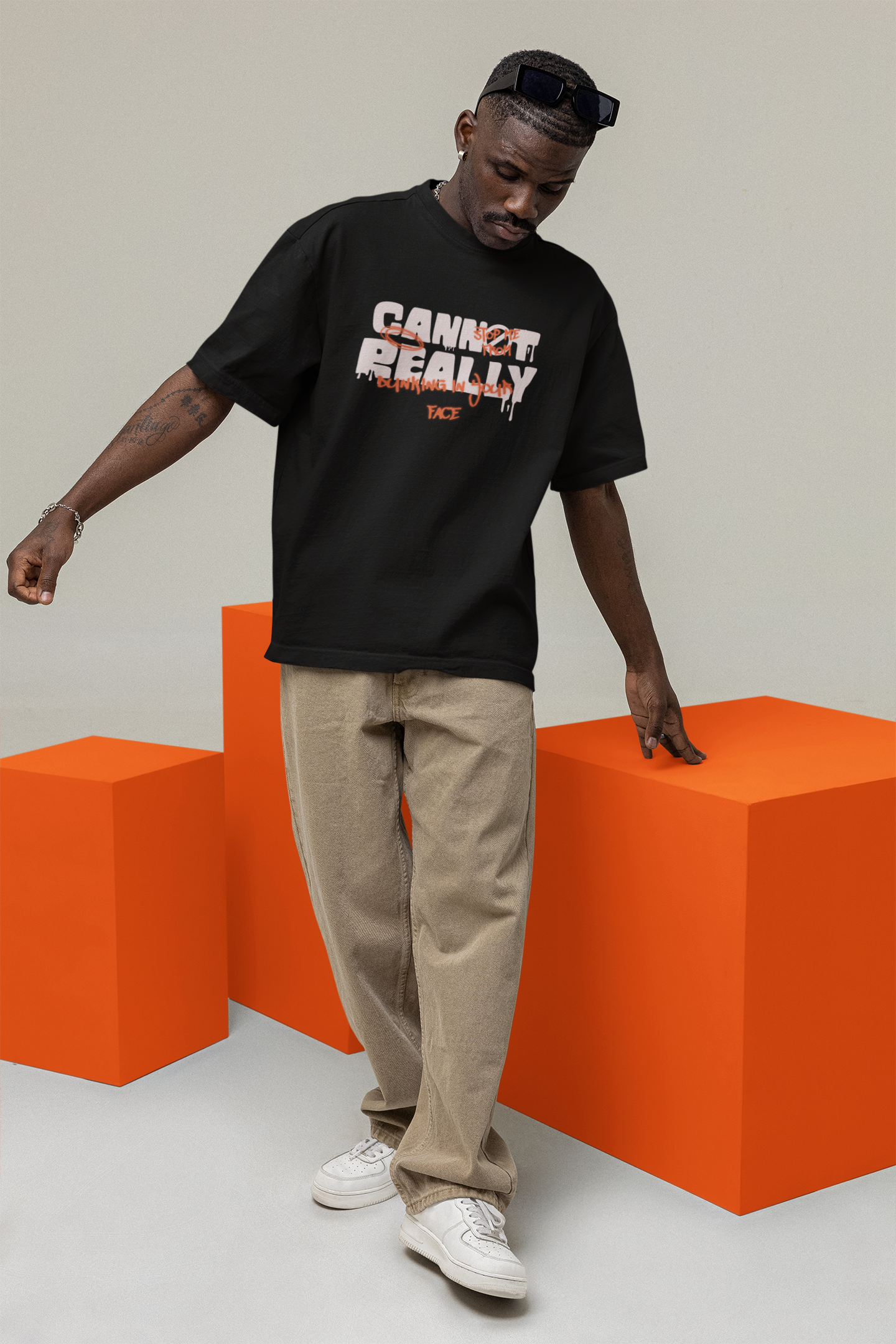 You Cannot Oversized Basketball T-Shirt mockup mit einen Mann Schwarz 100% Premium Baumwolle