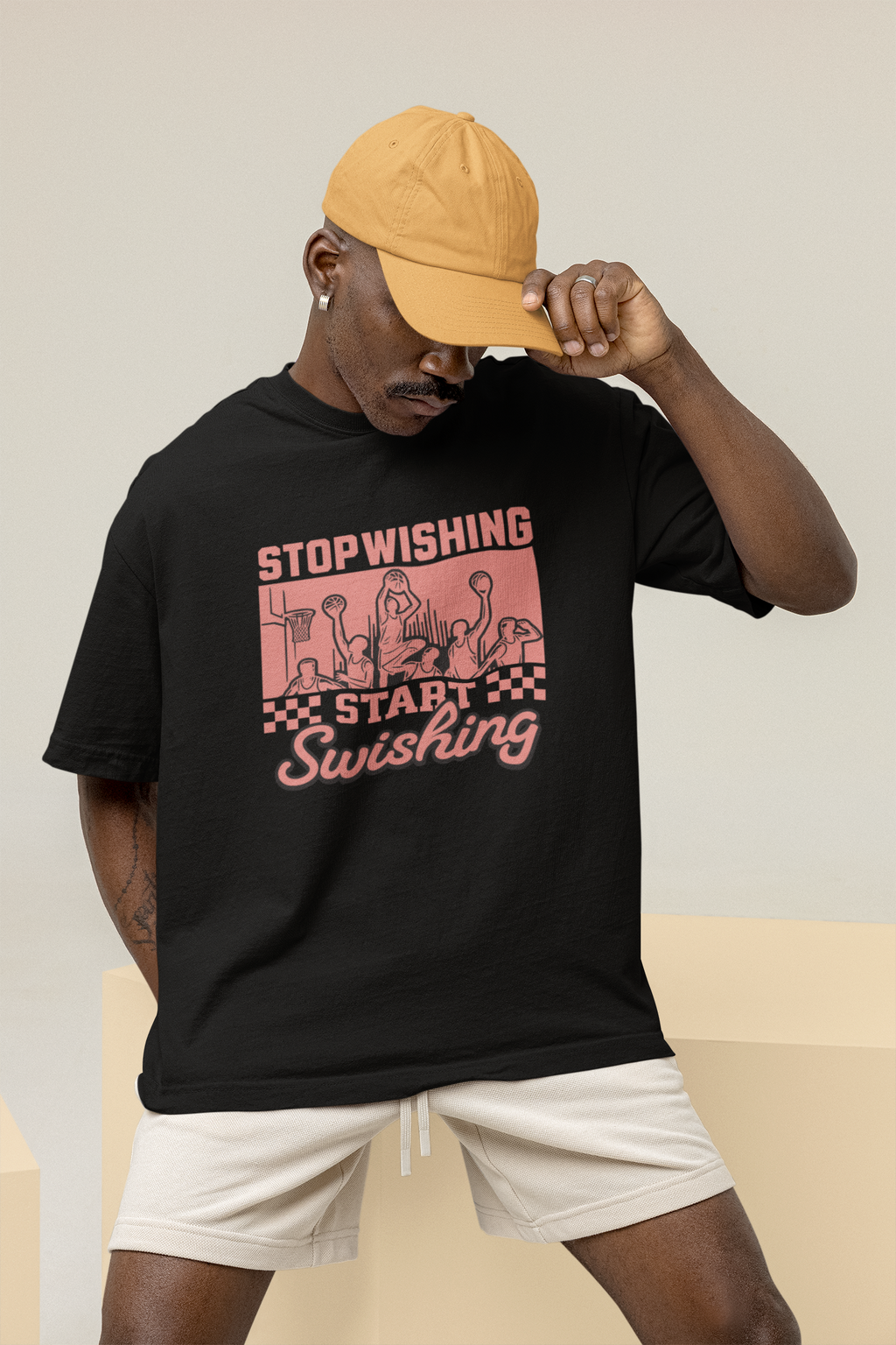 Stop Wishing Oversized Basketball T-Shirt mockup mit mann schwarz 100% Baumwolle