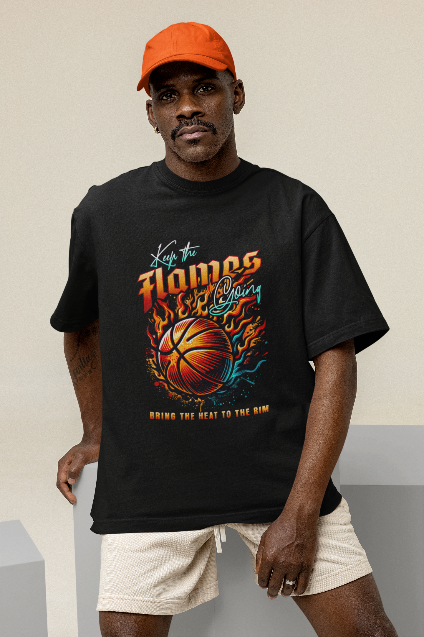 Keep the Heat Going Oversized Basketball T-Shirt mockup mit mann schwarz 100% Baumwolle