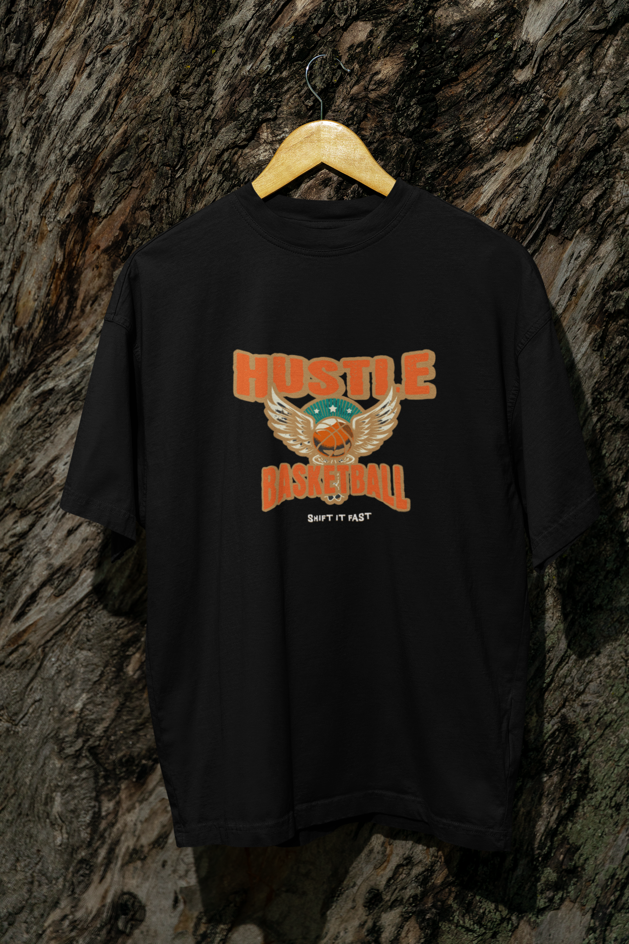 Oversized Basketball T-Shirt Hustle mockup schwarz 100% Baumwolle