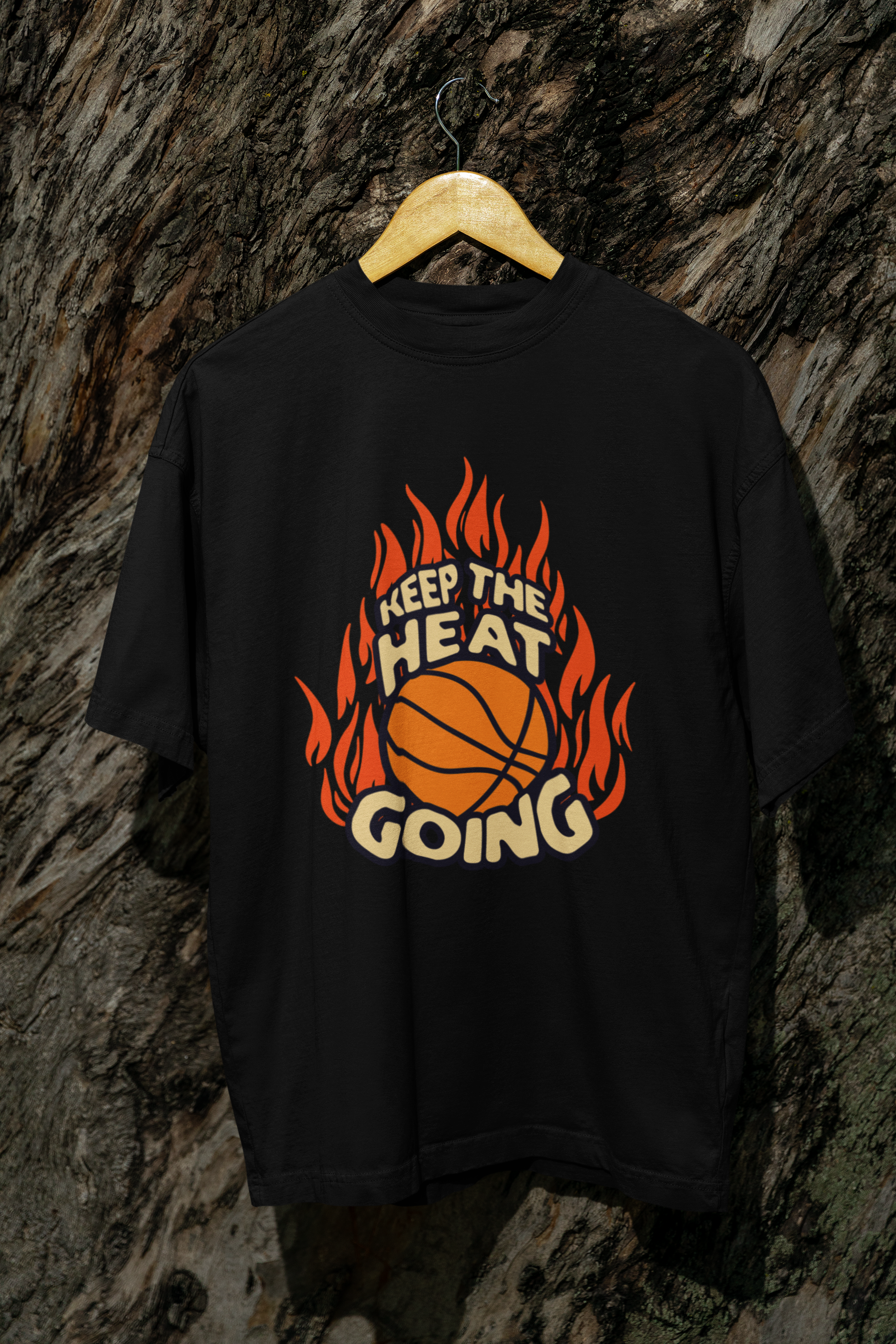 Oversized Basketball T-Shirt Keep the Heat mockup Schwarz 100% Baumwolle