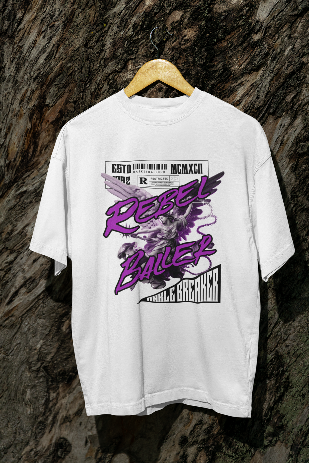 Oversized Basketball T-Shirt Rebel Baller mockup Weiß 100% Baumwolle