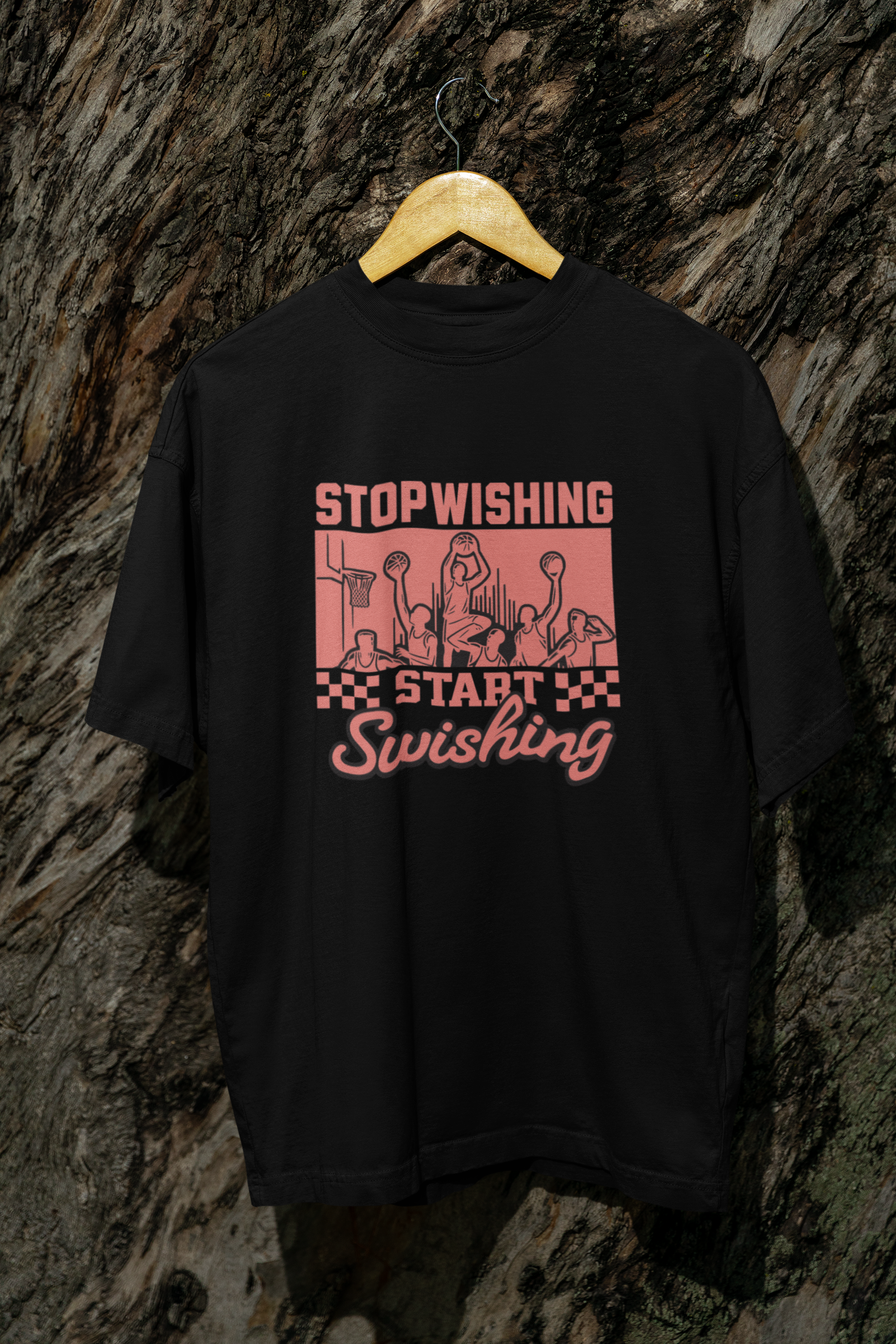 Stop Wishing Oversized Basketball T-Shirt mockup schwarz 100% Baumwolle