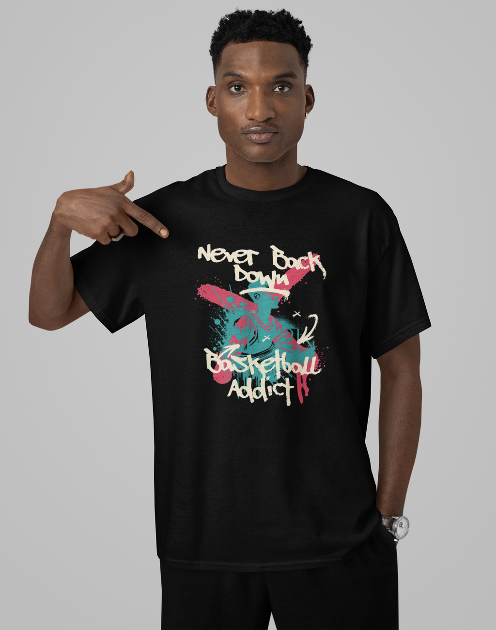 Oversized Basketball T-Shirt never back down mockup Schwarz Premium Baumwolle