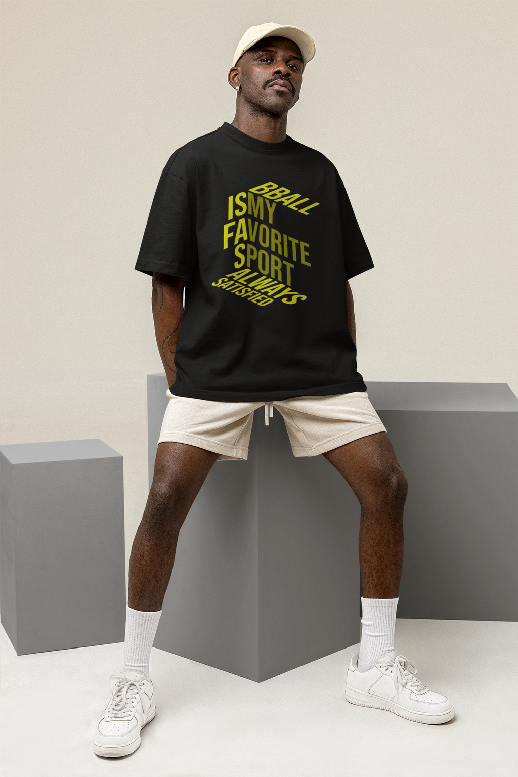 Oversized Basketball T-Shirt Schwarz BBall is my Favorite mockup männliches model 100% Premium Baumwolle Humor